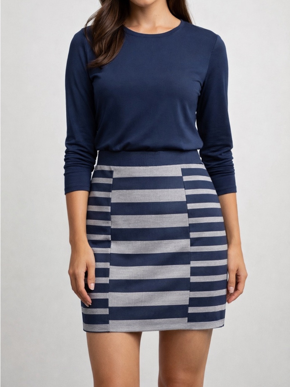 French Connection Navy blue Lavender Gray Stretch Super Stripe Mini Skirt Size 8